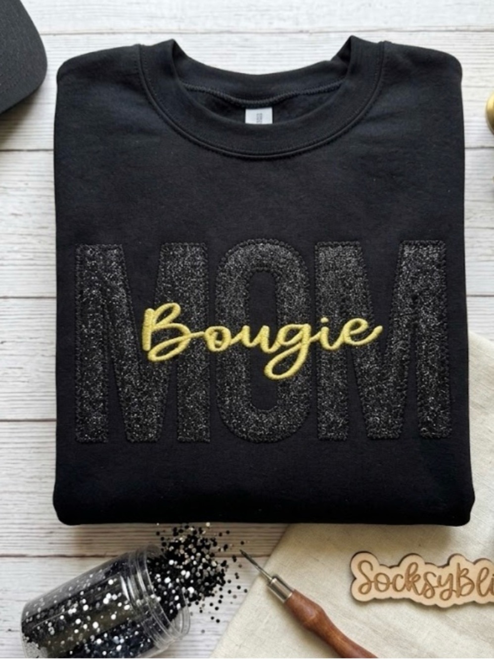 Embroidered Bougie MOM Glitter Sweatshirt
